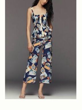 Maeve Navy Travel-Postcard Print Pants with Orange and Yellow Accents